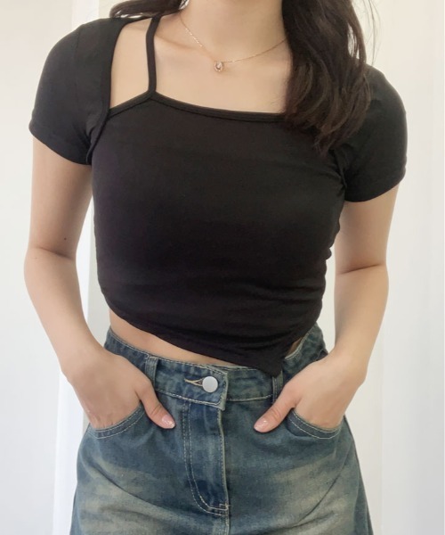 kirakiraShop（キラキラショップ）の「ホルター スクエア ネック 半袖 デザイン Tシャツ（Tシャツ/カットソー・レディース・ホワイト/ブラック・FREE）」の10枚目の写真