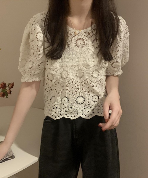 gossip！ロサンゼルス（ゴシップロサンゼルス）の「クロシェ編み パフスリーブトップス（ニット/セーター・レディース・ホワイト/オフホワイト・FREE）」の8枚目の写真