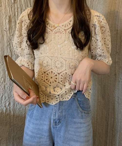 gossip！ロサンゼルス（ゴシップロサンゼルス）の「クロシェ編み パフスリーブトップス（ニット/セーター・レディース・ホワイト/オフホワイト・FREE）」の10枚目の写真