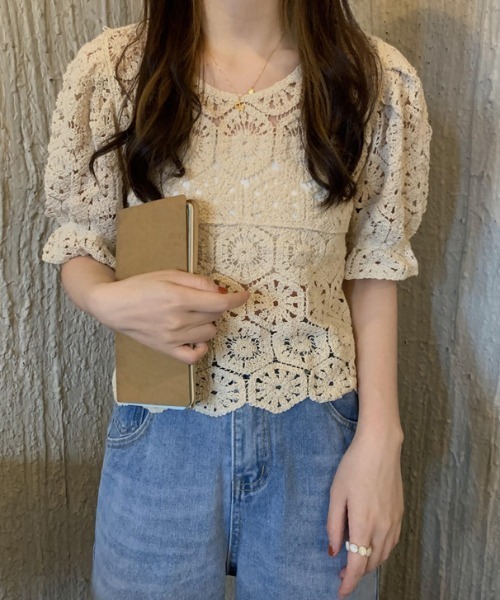 gossip！ロサンゼルス（ゴシップロサンゼルス）の「クロシェ編み パフスリーブトップス（ニット/セーター・レディース・ホワイト/オフホワイト・FREE）」の11枚目の写真