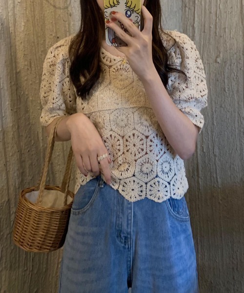 gossip！ロサンゼルス（ゴシップロサンゼルス）の「クロシェ編み パフスリーブトップス（ニット/セーター・レディース・ホワイト/オフホワイト・FREE）」の12枚目の写真