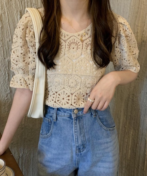 gossip！ロサンゼルス（ゴシップロサンゼルス）の「クロシェ編み パフスリーブトップス（ニット/セーター・レディース・ホワイト/オフホワイト・FREE）」の16枚目の写真