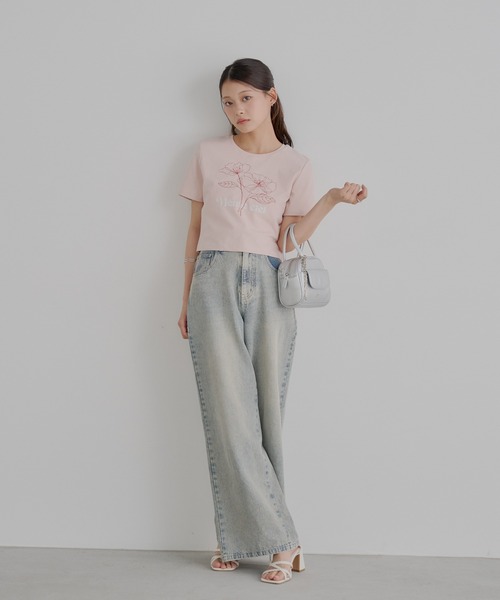 セール】【5色展開】フラワー刺繍チビT（Tシャツ/カットソー
