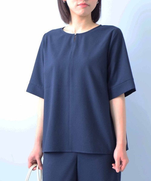 【fleur】【Ｌ〜５Ｌ】【セットアップ】【多機能】ドライサッカーバックフレアブラウス fleur】【L～5L】【セットアップ】【多機能】ドライサッカー