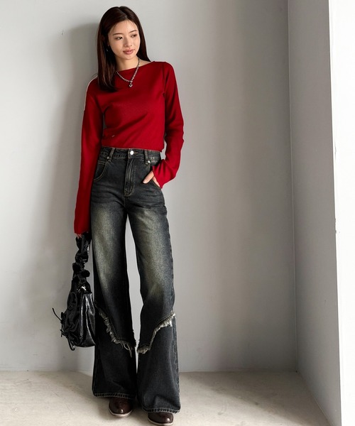 mily bilet（ミウィビレット）の「【mily bilet】ヴィンテージライクな脚盛れデニム♪ウエスタンライクフリンジダメージフレアジーンズ（デニムパンツ・レディース・ブラック/その他1/ブルー・MEDIUM/LARGE/X-LARGE/SMALL）」の6枚目の写真