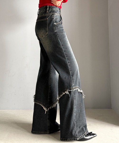 mily bilet（ミウィビレット）の「【mily bilet】ヴィンテージライクな脚盛れデニム♪ウエスタンライクフリンジダメージフレアジーンズ（デニムパンツ・レディース・ブラック/その他1/ブルー・MEDIUM/LARGE/X-LARGE/SMALL）」の4枚目の写真