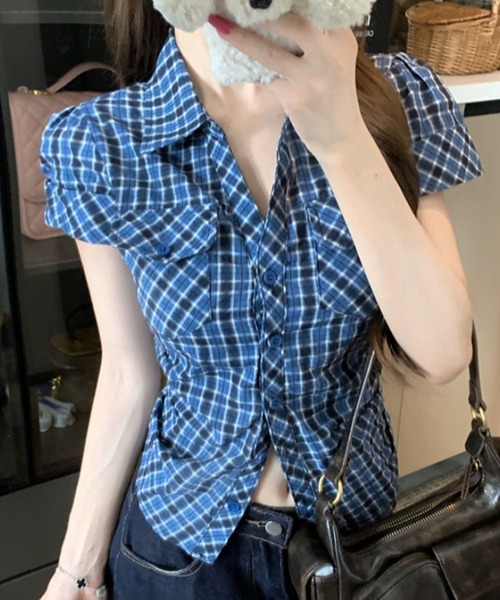 SHEPP(シープ)の「ウエストシェイプ半袖チェックブラウス / クロップド(シャツ/ブラウス・レディース・ピンク/ブルー・L/M)」の2枚目の写真