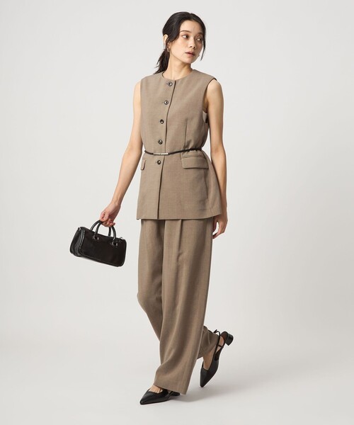 グリーンレーベルリラクシング セットアップ パウダリードレープ ストレッチ L セール】パウダリー ノーカラー ジレ（ベスト）｜green label