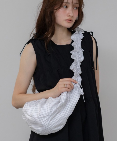 セール】ストライプフリルギャザーバッグ/ハンドバッグ