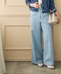 ハイウエストセンタープレスデニム風ワイドパンツ