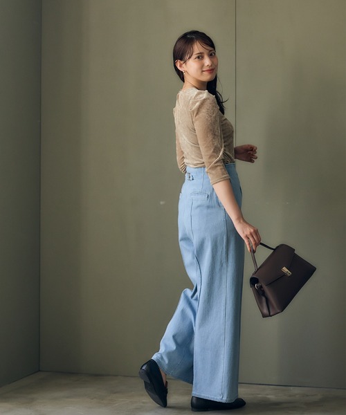 12Twelve Agenda(トゥエルブ アジェンダ)の「ハイウエストセンタープレスデニム風ワイドパンツ(デニムパンツ・レディース・サックスブルー/ピンク・M/S)」の8枚目の写真