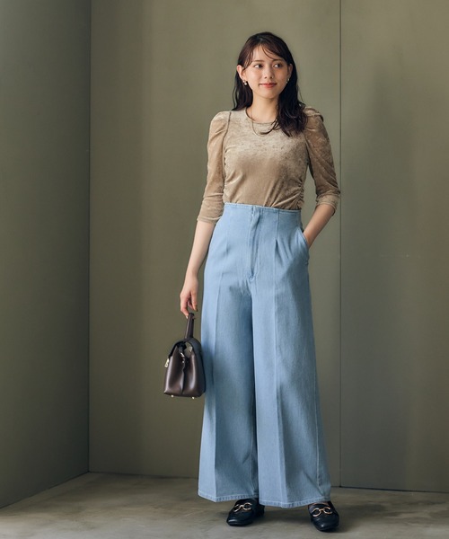 12Twelve Agenda(トゥエルブ アジェンダ)の「ハイウエストセンタープレスデニム風ワイドパンツ(デニムパンツ・レディース・サックスブルー/ピンク・M/S)」の7枚目の写真