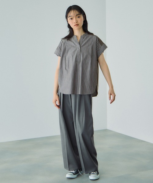 VICKY（ビッキー）の「ストライプフェイスキーネックブラウス≪洗濯機で洗える≫（シャツ/ブラウス・レディース・ホワイト系その他/ダークネイビー/ブラウン系その他・M）」の7枚目の写真