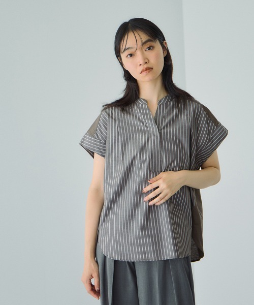 VICKY（ビッキー）の「ストライプフェイスキーネックブラウス≪洗濯機で洗える≫（シャツ/ブラウス・レディース・ホワイト系その他/ダークネイビー/ブラウン系その他・M）」の4枚目の写真