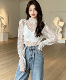 花刺繍透け感シアーレース ハイネックフレアスリーブ レイヤードインナー
