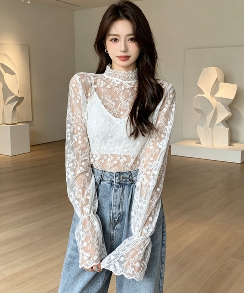 gossip!ロサンゼルス(ゴシップロサンゼルス)の「花刺繍透け感シアーレース ハイネックフレアスリーブ レイヤードインナー(シャツ/ブラウス・レディース・オフホワイト/ホワイト・M)」の6枚目の写真