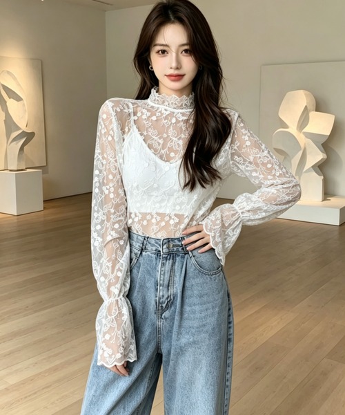 gossip!ロサンゼルス(ゴシップロサンゼルス)の「花刺繍透け感シアーレース ハイネックフレアスリーブ レイヤードインナー(シャツ/ブラウス・レディース・オフホワイト/ホワイト・M)」の7枚目の写真