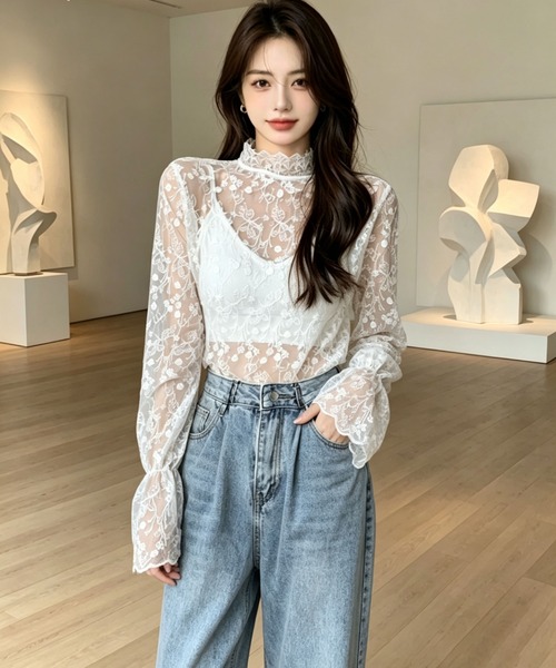 gossip!ロサンゼルス(ゴシップロサンゼルス)の「花刺繍透け感シアーレース ハイネックフレアスリーブ レイヤードインナー(シャツ/ブラウス・レディース・オフホワイト/ホワイト・M)」の8枚目の写真