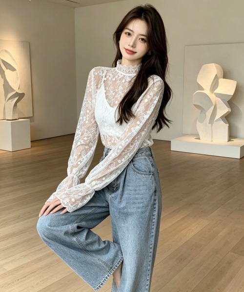 gossip!ロサンゼルス(ゴシップロサンゼルス)の「花刺繍透け感シアーレース ハイネックフレアスリーブ レイヤードインナー(シャツ/ブラウス・レディース・オフホワイト/ホワイト・M)」の9枚目の写真
