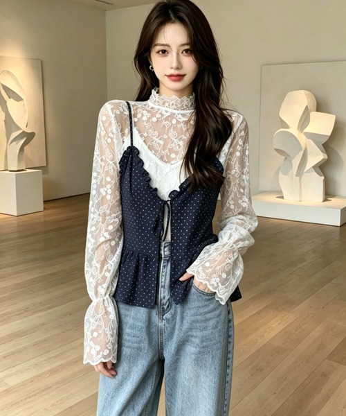 gossip!ロサンゼルス(ゴシップロサンゼルス)の「花刺繍透け感シアーレース ハイネックフレアスリーブ レイヤードインナー(シャツ/ブラウス・レディース・オフホワイト/ホワイト・M)」の10枚目の写真