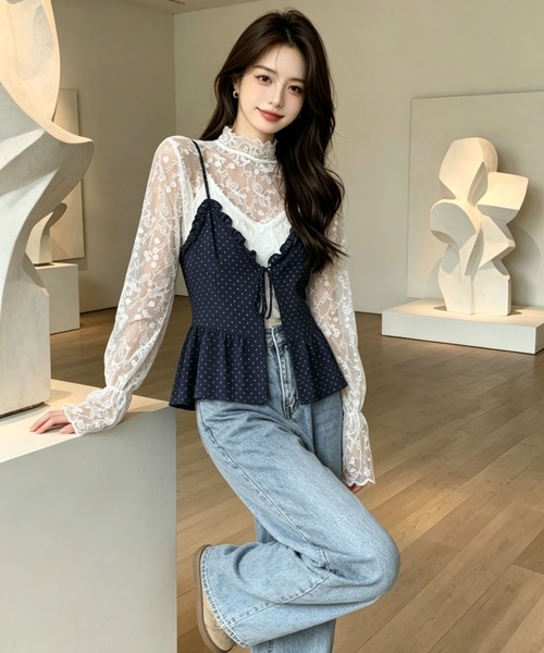 gossip!ロサンゼルス(ゴシップロサンゼルス)の「花刺繍透け感シアーレース ハイネックフレアスリーブ レイヤードインナー(シャツ/ブラウス・レディース・オフホワイト/ホワイト・M)」の11枚目の写真