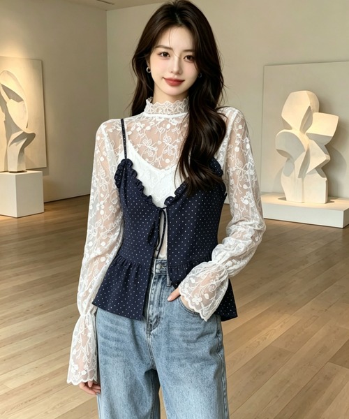 gossip!ロサンゼルス(ゴシップロサンゼルス)の「花刺繍透け感シアーレース ハイネックフレアスリーブ レイヤードインナー(シャツ/ブラウス・レディース・オフホワイト/ホワイト・M)」の12枚目の写真
