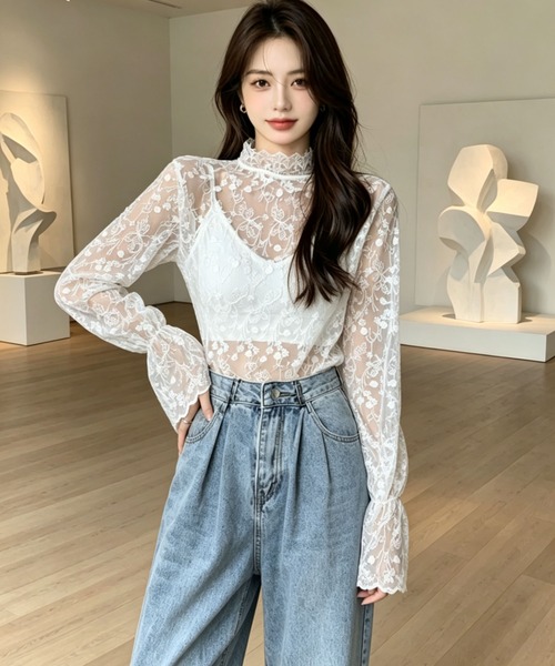 gossip!ロサンゼルス(ゴシップロサンゼルス)の「花刺繍透け感シアーレース ハイネックフレアスリーブ レイヤードインナー(シャツ/ブラウス・レディース・オフホワイト/ホワイト・M)」の5枚目の写真