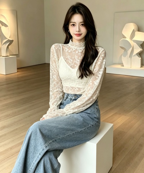 gossip!ロサンゼルス(ゴシップロサンゼルス)の「花刺繍透け感シアーレース ハイネックフレアスリーブ レイヤードインナー(シャツ/ブラウス・レディース・オフホワイト/ホワイト・M)」の20枚目の写真