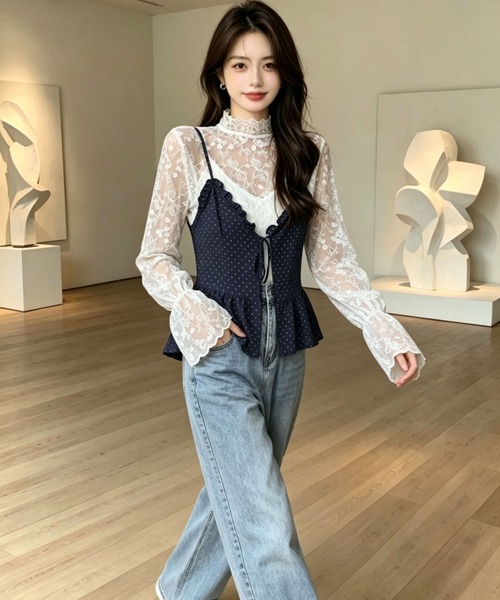 gossip!ロサンゼルス(ゴシップロサンゼルス)の「花刺繍透け感シアーレース ハイネックフレアスリーブ レイヤードインナー(シャツ/ブラウス・レディース・オフホワイト/ホワイト・M)」の13枚目の写真