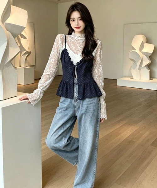 gossip!ロサンゼルス(ゴシップロサンゼルス)の「花刺繍透け感シアーレース ハイネックフレアスリーブ レイヤードインナー(シャツ/ブラウス・レディース・オフホワイト/ホワイト・M)」の14枚目の写真