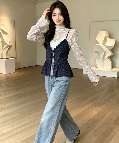 gossip!ロサンゼルス(ゴシップロサンゼルス)の「花刺繍透け感シアーレース ハイネックフレアスリーブ レイヤードインナー(シャツ/ブラウス・レディース・オフホワイト/ホワイト・M)」の15枚目の写真