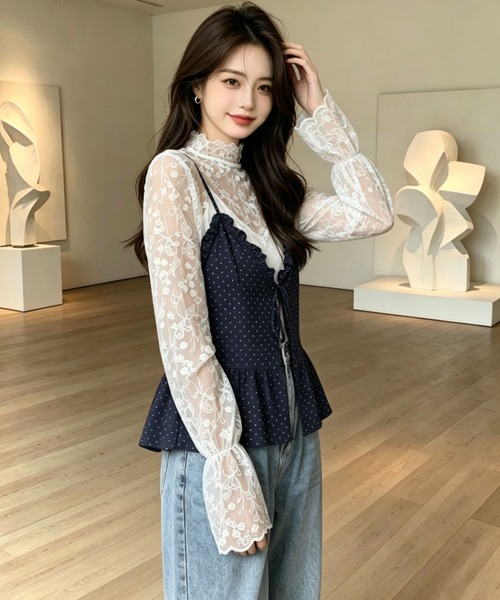 gossip!ロサンゼルス(ゴシップロサンゼルス)の「花刺繍透け感シアーレース ハイネックフレアスリーブ レイヤードインナー(シャツ/ブラウス・レディース・オフホワイト/ホワイト・M)」の16枚目の写真