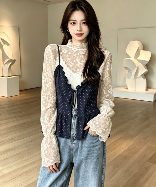 gossip!ロサンゼルス(ゴシップロサンゼルス)の「花刺繍透け感シアーレース ハイネックフレアスリーブ レイヤードインナー(シャツ/ブラウス・レディース・オフホワイト/ホワイト・M)」の22枚目の写真