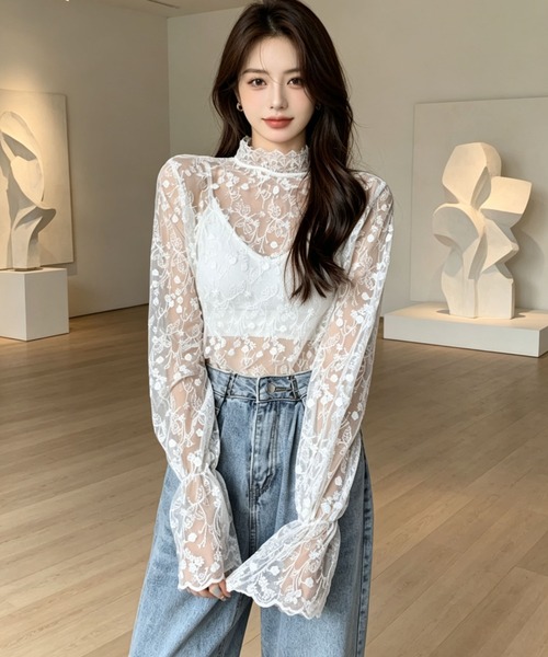 gossip!ロサンゼルス(ゴシップロサンゼルス)の「花刺繍透け感シアーレース ハイネックフレアスリーブ レイヤードインナー(シャツ/ブラウス・レディース・オフホワイト/ホワイト・M)」の19枚目の写真