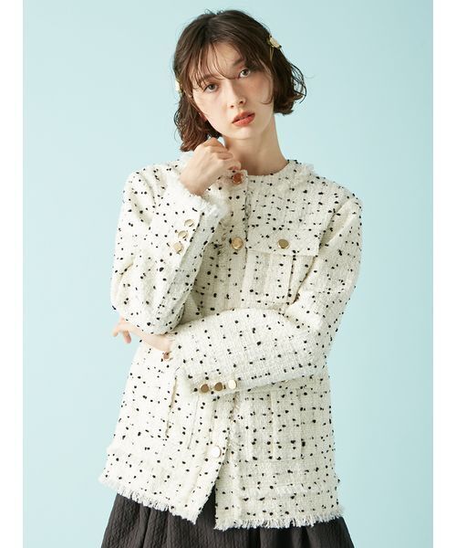 セール】ノーカラーツイードジャケツト（ノーカラージャケット）｜LILY