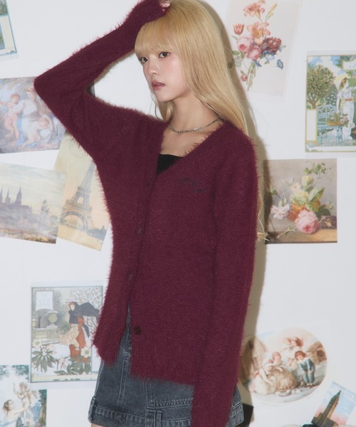 MSGirl(エムエスジーガール)の「刺繍入りフェザーヤーンニットカーディガン(ショート丈/レギュラー丈)(カーディガン/ボレロ・レディース・ワイン/ブラック/グレー・M/S)」の20枚目の写真