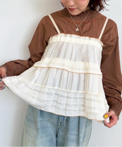 DOUBLE NAME（ダブルネーム）の「フリンジストライプギャザーキャミ（キャミソール・レディース・オフホワイト/ブラック・FREE）」の2枚目の写真