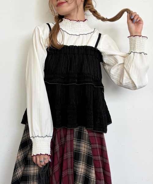 DOUBLE NAME（ダブルネーム）の「フリンジストライプギャザーキャミ（キャミソール・レディース・オフホワイト/ブラック・FREE）」の3枚目の写真