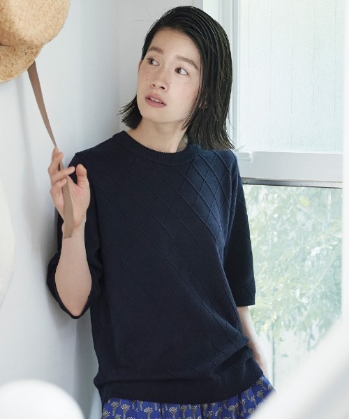Sunny clouds(サニークラウズ)の「サニークラウズ 格子模様のニットTシャツ〈レディース〉(ニット/セーター・レディース・チャコール/ネイビー/グリーン・M/LL/L/3L)」の3枚目の写真