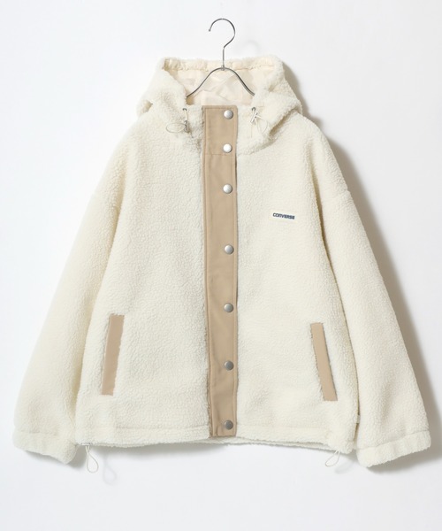 CONVERSE（コンバース）の「2025AW CONVERSE/コンバース シープボア ワンポイントロゴ 切替 フードジャケット（ブルゾン・レディース・アイボリー/ブラック/モカ/ピンク・M/L）」の5枚目の写真