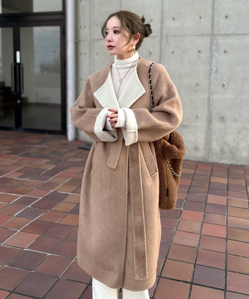 shaggy bicolor belted coat /コットンウール配色ベルト付きシャギーコート
