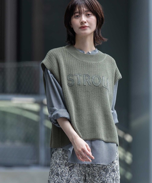 Munich（ミューニック）の「7GG片畦編みニットロゴ刺繍ジレ（ニット/セーター・レディース・ブラック/グレイッシュベージュ/カーキ・FREE）」の4枚目の写真