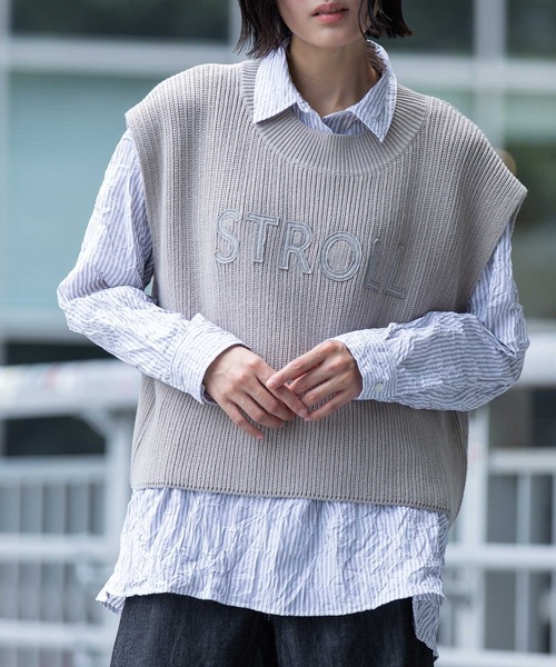 Munich（ミューニック）の「7GG片畦編みニットロゴ刺繍ジレ（ニット/セーター・レディース・ブラック/グレイッシュベージュ/カーキ・FREE）」の12枚目の写真