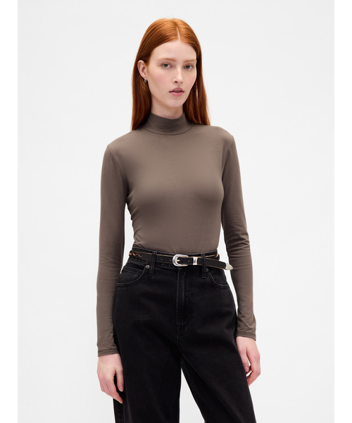 GAP(ギャップ)の「クローズニット ジャージー モックネックTシャツ(Tシャツ/カットソー・レディース・ライトグレー/ホワイト/ブラック/ライトブラウン・XS/S/M/L/XL/XXS)」の1枚目の写真
