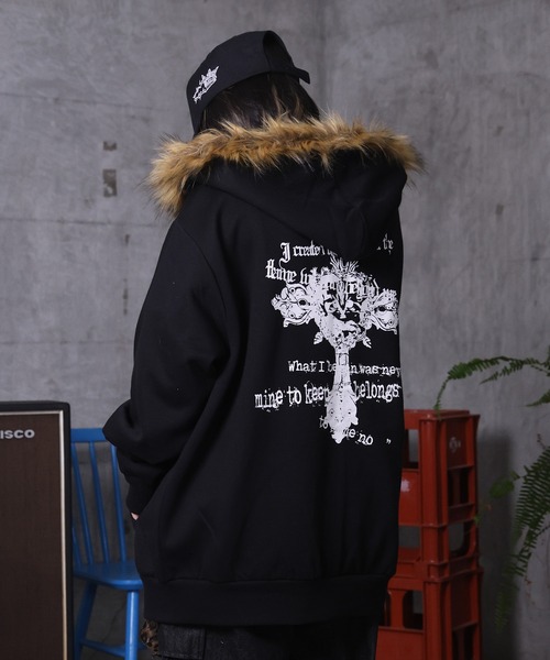 セール】AW クロスモチーフ 裏起毛 ファー プリント ジップパーカー