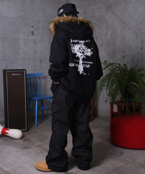 セール】AW クロスモチーフ 裏起毛 ファー プリント ジップパーカー