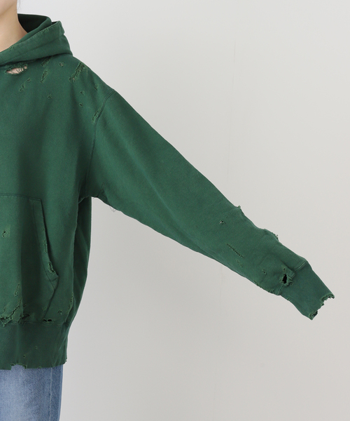 KURO（クロ）の「KURO MORE DAMAGE WASHED SWEAT PARKA 964072：スウェット（スウェット・レディース・グリーン・MEDIUM）」の18枚目の写真