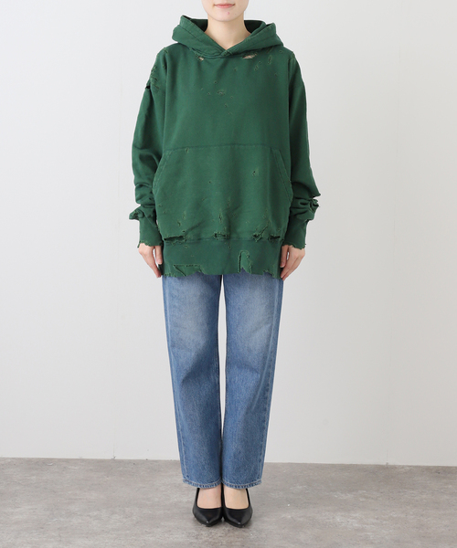 KURO（クロ）の「KURO MORE DAMAGE WASHED SWEAT PARKA 964072：スウェット（スウェット・レディース・グリーン・MEDIUM）」の6枚目の写真