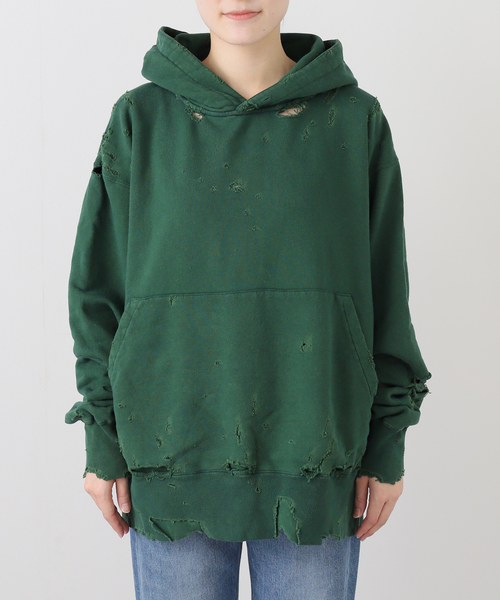 KURO（クロ）の「KURO MORE DAMAGE WASHED SWEAT PARKA 964072：スウェット（スウェット・レディース・グリーン・MEDIUM）」の7枚目の写真