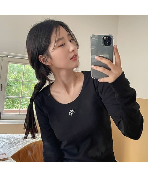 muahmuah（ムーアムーア）の「スティッチUネック長袖Tシャツ[7色]（Tシャツ/カットソー・レディース・クリーム/グレー/スカイブルー/アイボリー/ブラック/ネイビー/ライトグレー・FREE）」の3枚目の写真